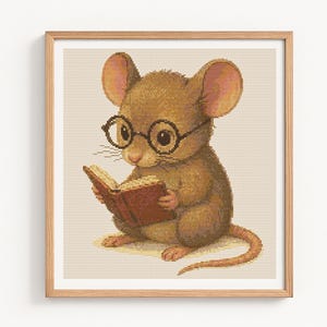 Bookish Mouse Cross Stitch Pattern, Funny Mouse Reading Book Cross Stitch, Vintage Book Lovers Embroidery, Retro Bookshelf, Cozy Xstitch PDF