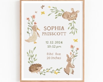 Baby Birth Announcement Cross Stitch Pattern, Customizable Floral Animal Embroidery PDF, Modern Girl Boy Nursery Decor, DIY Baby Shower Gift