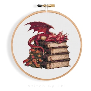 Dragon Cross Stitch Pattern | Majestic Red Dragon Cross Stitch | Magical, Whimsical Dragon & Books Cross Stitch | Fantasy Cross Stitch PDF