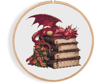 Dragon Cross Stitch Pattern, Majestic Red Dragon Cross Stitch, Magical Whimsical Dragon & Books Cross Stitch, Fantasy Cross Stitch PDF