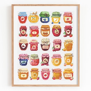 Peut inclure: Une impression encadrée représentant 25 pots de confiture illustrés, chacun avec un fruit et un couvercle différents. Les pots sont disposés en grille 5x5, créant une œuvre d'art colorée et détaillée. Le mot "JAM" est visible sur certains pots.