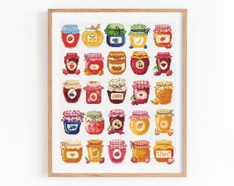 25 Jam Jar Cross Stitch Pattern Bundle, Kitchen Food Embroidery, Cottagecore Jam Jars Collection, Fun Breakfast Decor, Modern X-Stitch PDF