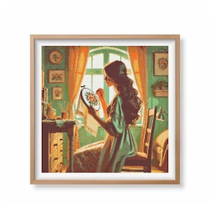 Cross Stitching Girl Cross Stitch Pattern | Girl Knitting Cross Stitch | Girl Cross Stitch | Punto de Cruz, Point de Croix | PDF Download