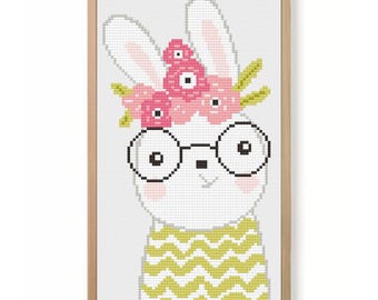 Patrón de punto de cruz de conejito floral / Punto de cruz de conejo de primavera / Diseños de bordado de conejito / Punto de cruz para guardería / Lindos animales de granja en formato PDF