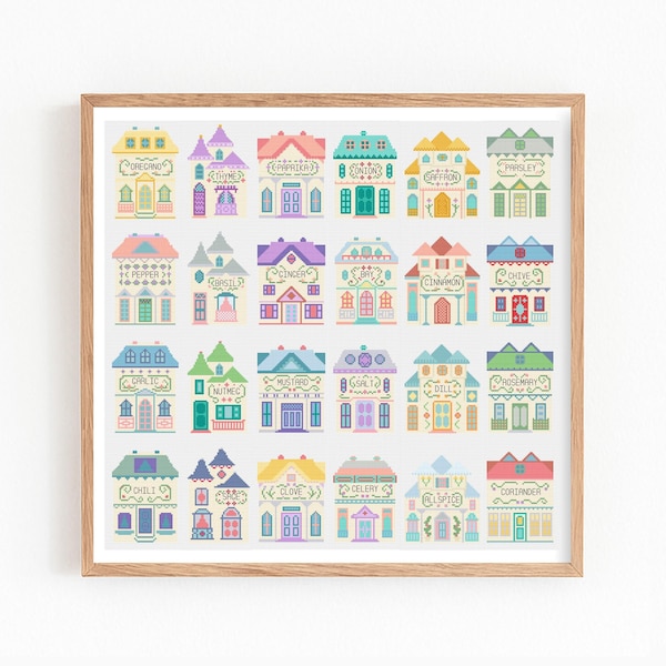 Spice Houses Cross Stitch Pattern PDF, Colorful Cottage Village Embroidery, Retro Kitchen Decor, Vintage Cottagecore Farmhouse Wall Art