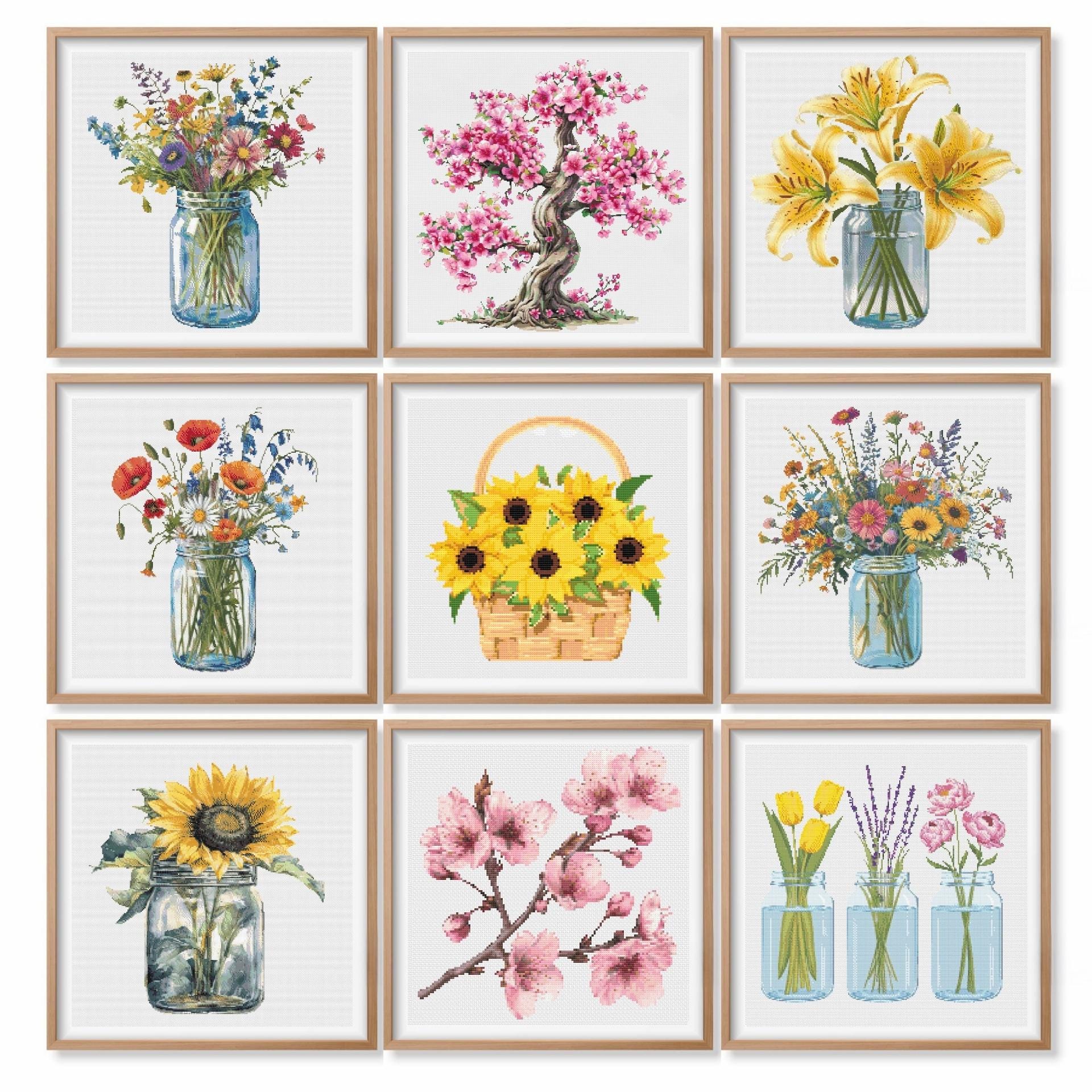 9つの野の花のクロスステッチパターン、花のクロスステッチバンドル、瓶の中の野の花のクロスステッチ、夏の花の刺繍セットPDFダウンロード