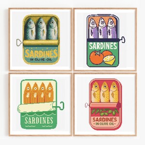 vintage retro packaging embroidery designs, ocean sea life cross stitch pattern set, cottage kitchen embroidery decor, whimsical foodie embroidery patterns, Pattern Keeper compatible cross stitch, DMC floss color guide included, counted cross stitch pdf download, 14ct 16ct 18ct fabric options, hoop display ready embroidery pack, modern embroidery pdf sardine bundle, quirky coastal embroidery instant pdf, handmade embroidery sardines set gallery wall sardine fish cross stitch, beginner cross stit