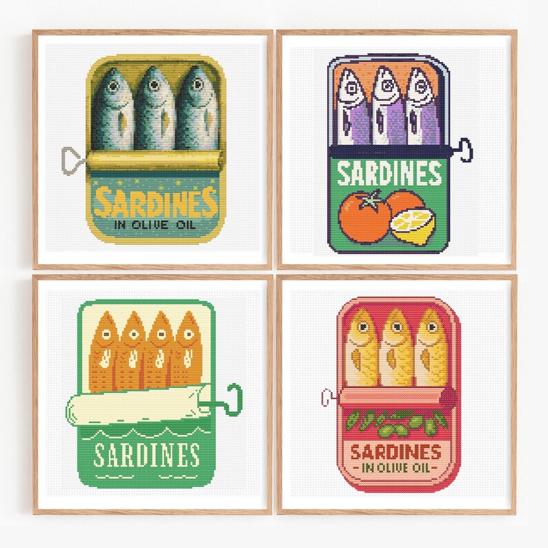 vintage retro packaging embroidery designs, ocean sea life cross stitch pattern set, cottage kitchen embroidery decor, whimsical foodie embroidery patterns, Pattern Keeper compatible cross stitch, DMC floss color guide included, counted cross stitch pdf download, 14ct 16ct 18ct fabric options, hoop display ready embroidery pack, modern embroidery pdf sardine bundle, quirky coastal embroidery instant pdf, handmade embroidery sardines set gallery wall sardine fish cross stitch, beginner cross stit