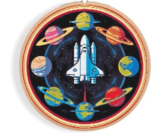 Schema punto croce spazio, schema punto croce galassia, schema punto croce arte stelle e cielo, schema ricamo pianeta, razzo, PDF download immediato