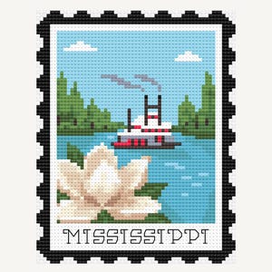 Mississippi Cross Stitch Pattern, US State Postage Stamp, Magnolia Flower, Riverboat Embroidery, Southern Landscape PDF Design, Delta River