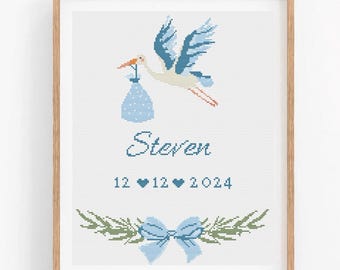 Baby Birth Announcement Cross Stitch Pattern | Newborn Boy Nursery Gift | Customizable New Baby Embroidery | Easy DIY Baby Shower Chart PDF
