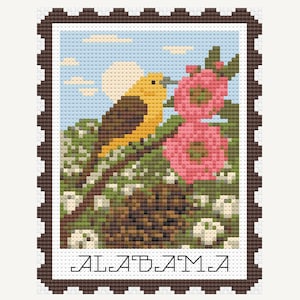 Patrón de punto de cruz de sello postal de Alabama, muestrario de flores de aves del estado de EE. UU., gráfico de bordado de recuerdo de viaje vintage, bordado de arte popular en PDF