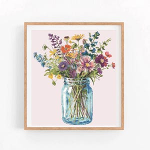 Spring Flowers in Mason Jar Cross Stitch Pattern | Wildflower Meadow Cross Stitch | Floral Embroidery Design | Cottage Summer Cross Stitch