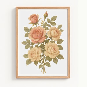 Vintage Rosen Kreuzstichmuster - Viktorianischer Garten Blumen Stickerei, Cottagecore Nadelstich Vorlage, moderne Frühlingsblumen PDF