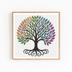 Baum des Lebens Kreuzstich Stickmuster, Natur inspiriertes botanisches Design, Bunter Lebensbaum Stickvorlage, minimalistischer Stickrahmen, PDF-Download