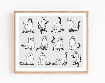 Geisterkatzen Kreuzstichmuster, Katze im Geisterkostüm, gruselige Katzen Stickerei, einfaches DIY, niedlich, beängstigend, Instant PDF Download
