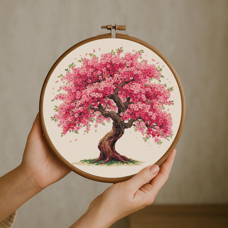 Cherry Blossom Cross Stitch Pattern, Sakura Tree Embroidery, Pink ...