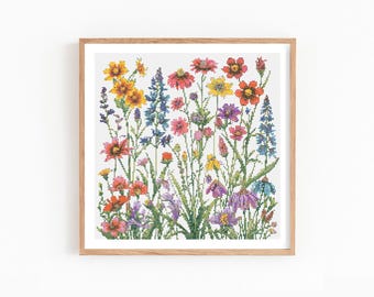 Wildflower Cross Stitch Pattern PDF, Botanical Flowers Embroidery Chart, Meadow Floral Design, Cottagecore Wall Art, Counted XStitch