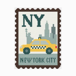 May include: Cross-stitch design of a postage stamp featuring a yellow taxi cab, the Statue of Liberty, and New York City skyline. The stamp reads "NY" and "NEW YORK CITY" in teal lettering. The stamp has a brown border.