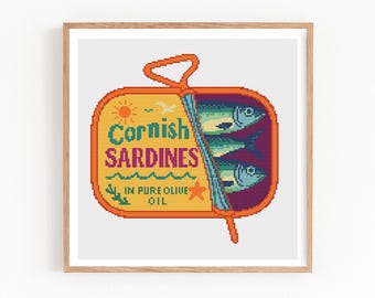 Sardines Can Cross Stitch Pattern, Funny Fish Tin Embroidery, Sardine Food Art, Modern X-stitch Design, Funky Kitchen Decor, PDF Download