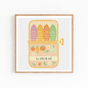 Sardines Can Cross Stitch Pattern, Funny Sardine Food Art, Retro Kitchen Decor, Kawaii Fish Can Embroidery Design, Modern Cross Stitch PDF