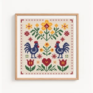 Folk Art Cross Stitch Pattern, Scandinavian Rooster Embroidery, Flower Ethno Needlework, Traditional Hen & Chicken X-Stitch, Farmhouse Decor