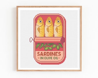 Sardines Can Cross Stitch Pattern, Sardine Food Art, Funny Fish Tin Embroidery, Funky Design, Modern Kitchen Decor, Instant PDF Download
