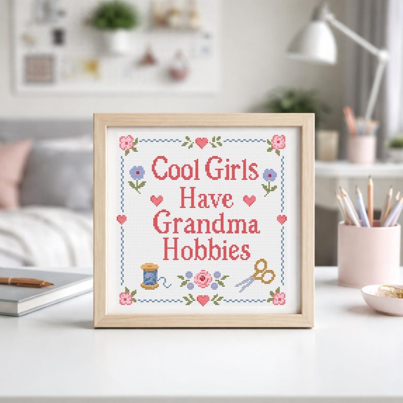 Add a playful handmade touch to your craft space with this Cool Girls Have Grandma Hobbies counted cross stitch pattern. Designed as an instant download PDF, this pattern is perfect for stitchers who love funny sayings, vintage-inspired florals, traditional sampler designs, and cozy grandma chic decor. The balanced layout and readable quote make it a beautiful framed wall art piece for a sewing room, craft corner, bedroom, or creative studio. Hot girls Have Grandma Hobbies