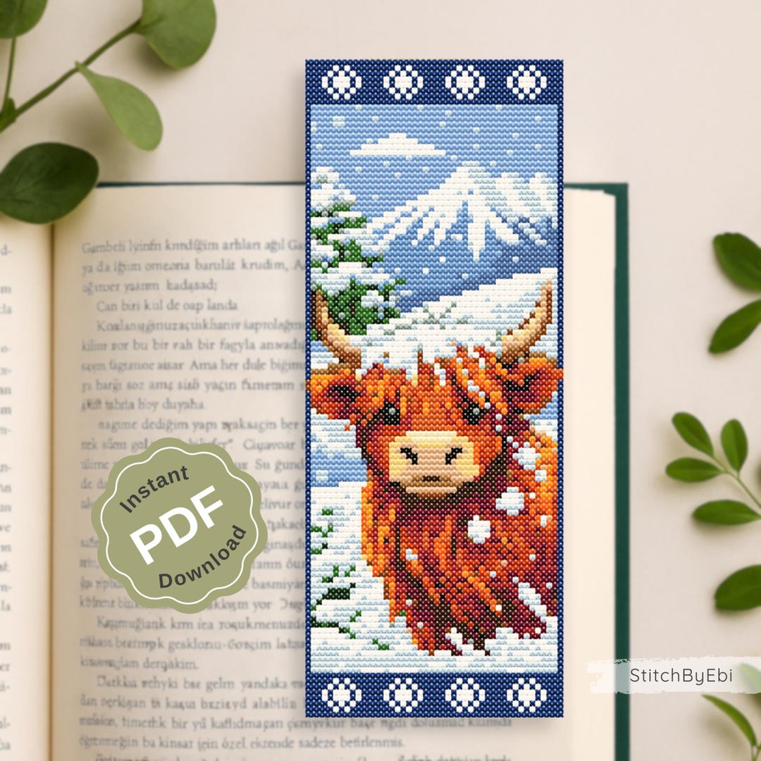 Highland Cow Bookmark Cross Stitch Pattern PDF, Snowy Scotland Winter ...