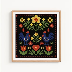 Folk Art Cross Stitch Pattern, Mexican Rooster Embroidery, Flower Ethno Needlework, Primitive Hen & Chicken X-Stitch, Rustic Farmhouse Decor