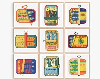 9匹のイワシの缶詰、イワシ缶のクロスステッチ図案、面白い魚缶の刺繍、モダンなクロスステッチ、キッチンの装飾、初心者向けPDF