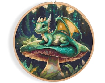 Patrón de punto de cruz de dragón bebé, diseño de fantasía caprichosa (Descarga PDF)
