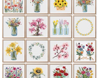16 Wildflowers Cross Stitch Patterns | Flowers Cross Stitch Bundle | Wildflowers in Jar Cross Stitch | Floral Embroidery Set | PDF Download