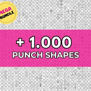 May include: A pink background with the text "+ 1.000 PUNCH SHAPES" in white. The image also features a yellow circle with the words "MEGA BUNDLE". The background is filled with small, black and white circular designs.