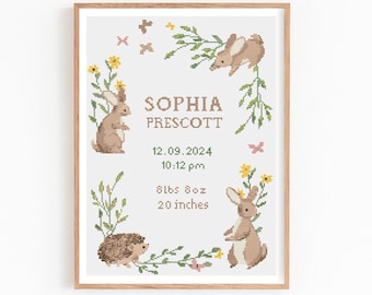 Baby Birth Announcement Cross Stitch Pattern, Customizable Modern Girl Boy Nursery Decor, Floral Bunny Embroidery PDF, Cute Baby Shower Gift