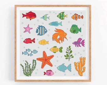 Fish Cross Stitch Pattern | Underwater Cute Fish Embroidery | Aquarium, Tropical , Coral, Sea, Ocean, Colorful Cross Stitch | PDF Download
