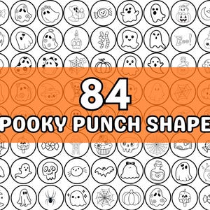 Peut inclure: Fond orange avec 84 illustrations d'Halloween en noir et blanc dans des cercles. Le texte "84 Spooky Punch Shapes" est affiché en blanc gras. Les illustrations incluent des fantômes, des citrouilles et d'autres motifs effrayants.