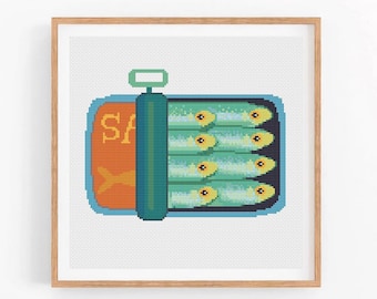 Sardines Can Cross Stitch Pattern,  Funny Fish Tin Embroidery, Sardine Food Art, Retro Kitchen Decor, Modern Cross stitch, Easy PDF Download