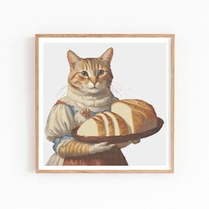 Bread Cat Cross Stitch Pattern, Cute Kitchen Embroidery, Funny DIY Bakery Cat Decor, Cottagecore Retro Xstitch, Vintage Instant PDF Download