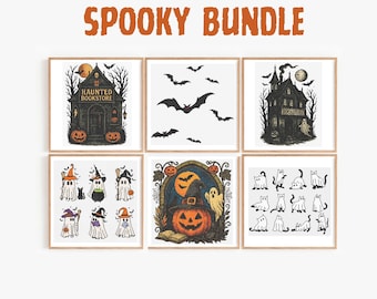 Spooky Cross Stitch Bundle Set of 6, Pumpkin, Witch, Ghost Cats, Bats, Haunted Bookstore, Gothic Embroidery Patterns, Creepy Embroidery PDF