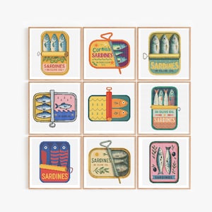 Mazzo di 9 sardine, schema per punto croce con scatola di sardine, set di 9 ricami a punto croce moderni, arte culinaria retrò, decorazioni per la cucina, ricamo a scatola di pesce in PDF