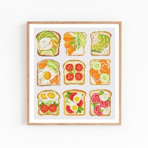 Toast kruissteekpatroon, ontbijt kruissteek, ei avocado tomaat, schattig eten borduurwerk, leuk keukendecor, moderne xstitch, instant pdf