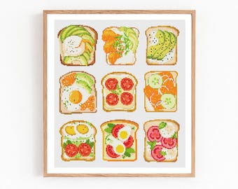 Toast Cross Stitch Pattern, Breakfast Cross Stitch, Egg Avocado Tomato, Cute Food Embroidery, Fun Kitchen Decor, Modern Xstitch, Instant PDF