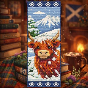 Highland Cow Bookmark Cross Stitch Pattern PDF, Snowy Scotland Winter ...