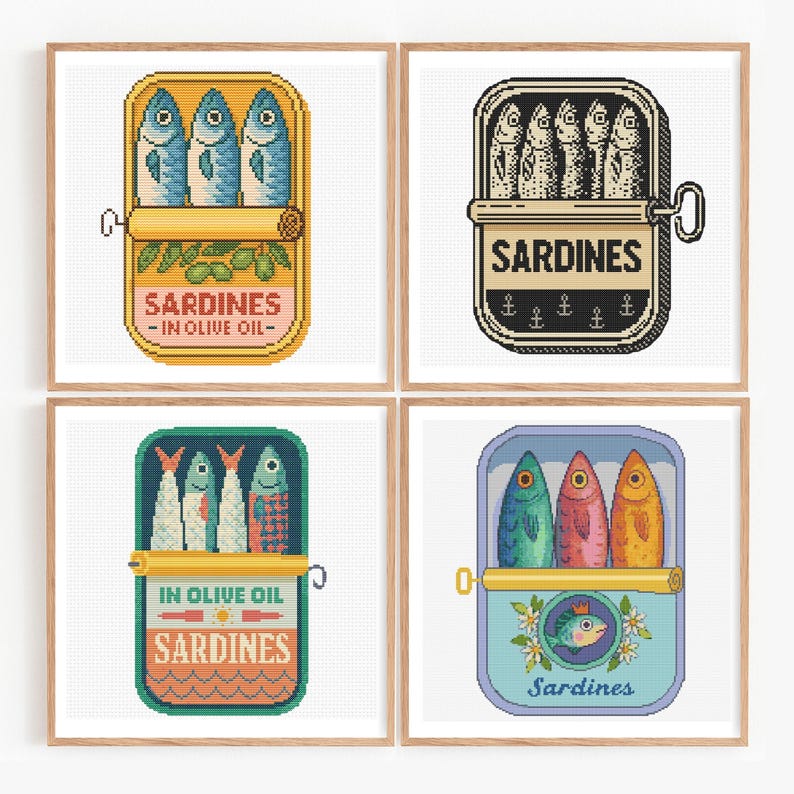 foodie embroidery sardine wall art, vintage pantry embroidery pdf sardine bundle, unique retro fish embroidery decor, creative sardine gift for stitchers, instant pdf crafting sardine patterns, embroidery pack 36 designs sardine cans, cute fish foodie cross stitch set, whimsical sardine home decor pdf patterns, quirky seafood embroidery cross stitch sardine tin label cross stitch, quirky nautical kitchen wall art, instant digital download sardine cross stitch embroidery pdf 36 sardine embroidery
