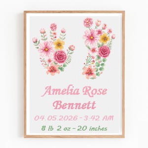 May include: A framed print featuring floral handprints and footprints. The design incorporates pink, yellow, and green flowers. The text reads "Amelia Rose Bennett" with birth details: 04.05.2026, 3:42 AM, 8 lb 2 oz, and 20 inches.