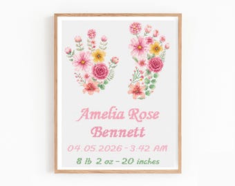 Geburtsanzeige Kreuzstichmuster, Floral Baby Geburtsdatensatz Sampler, anpassbarer Baby Name Sampler, botanische Kinderzimmerstickerei PDF