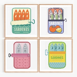 fish, playful seafood theme, seafood kitchen gallery, ocean breeze aesthetic, coastal grandma trend, cottagecore embroidery, farmhouse coastal mix, midcentury retro charm, vintage inspired wall art, nautical bathroom decor, pantry laundry decor, restaurant cafe decor, gift under 20, printable craft gift, scrap friendly project retro sardine can cross stitch patterns, funny fish embroidery designs 36 pattern mega bundle, foodie kitchen wall art, quirky sardine embroidery instant download nautical