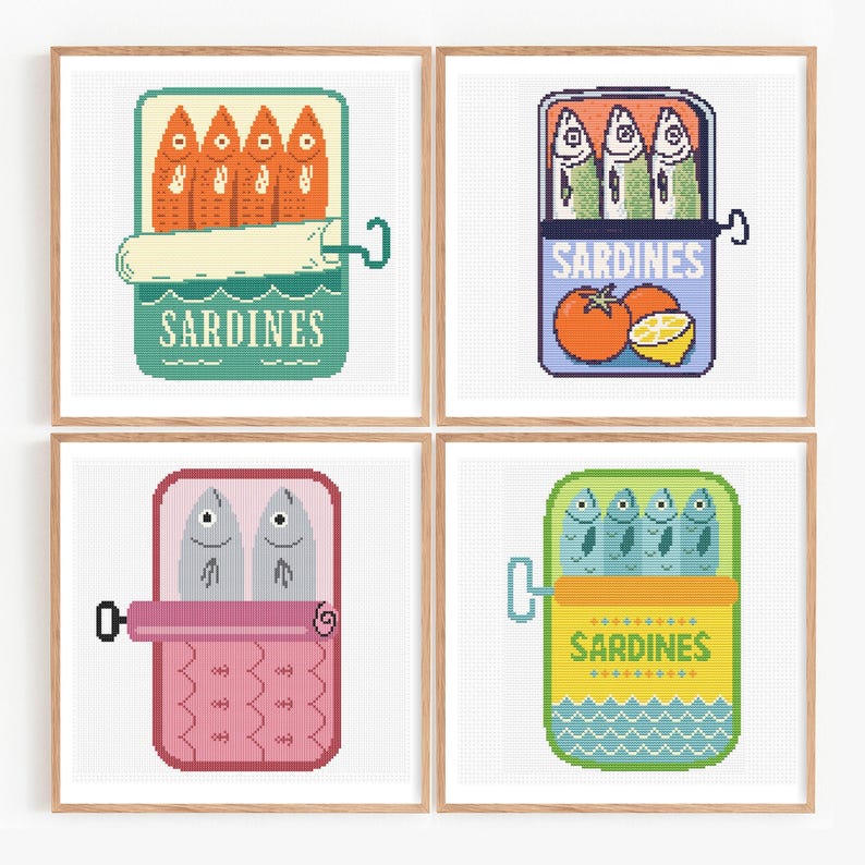 fish, playful seafood theme, seafood kitchen gallery, ocean breeze aesthetic, coastal grandma trend, cottagecore embroidery, farmhouse coastal mix, midcentury retro charm, vintage inspired wall art, nautical bathroom decor, pantry laundry decor, restaurant cafe decor, gift under 20, printable craft gift, scrap friendly project retro sardine can cross stitch patterns, funny fish embroidery designs 36 pattern mega bundle, foodie kitchen wall art, quirky sardine embroidery instant download nautical
