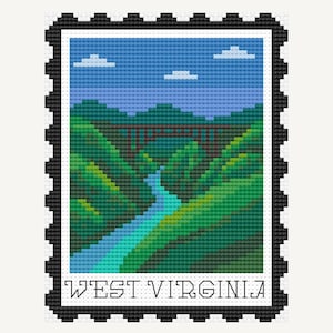 May include: Cross-stitch design of a West Virginia postage stamp. The image features a landscape with a river, bridge, and mountains. The sky is blue with white clouds. The words "WEST VIRGINIA" are at the bottom.